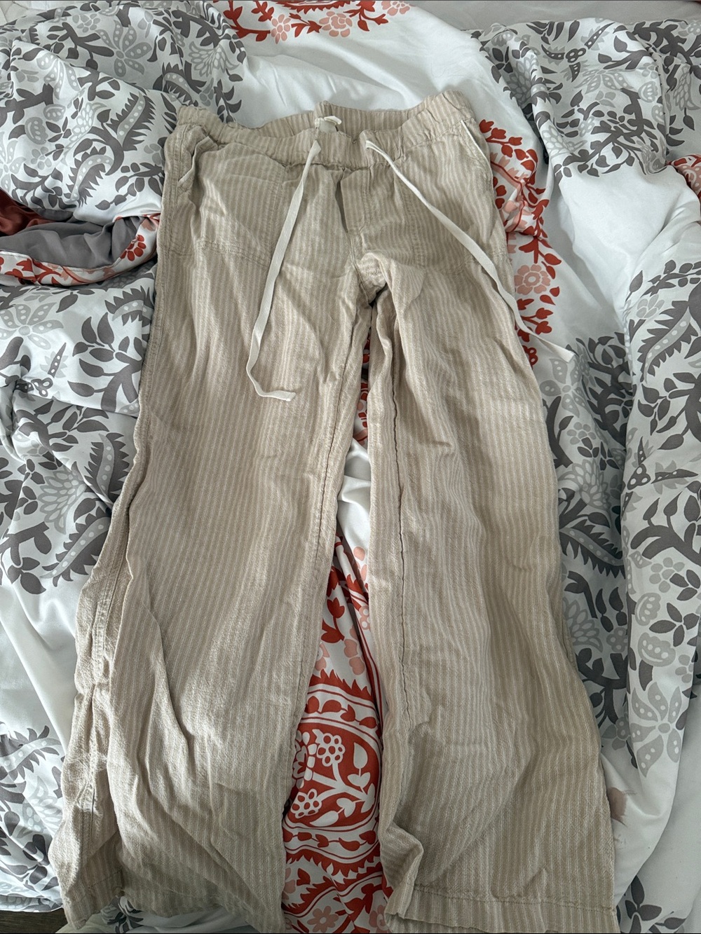 Neutral Beige Striped Drawstring Lounge Pants